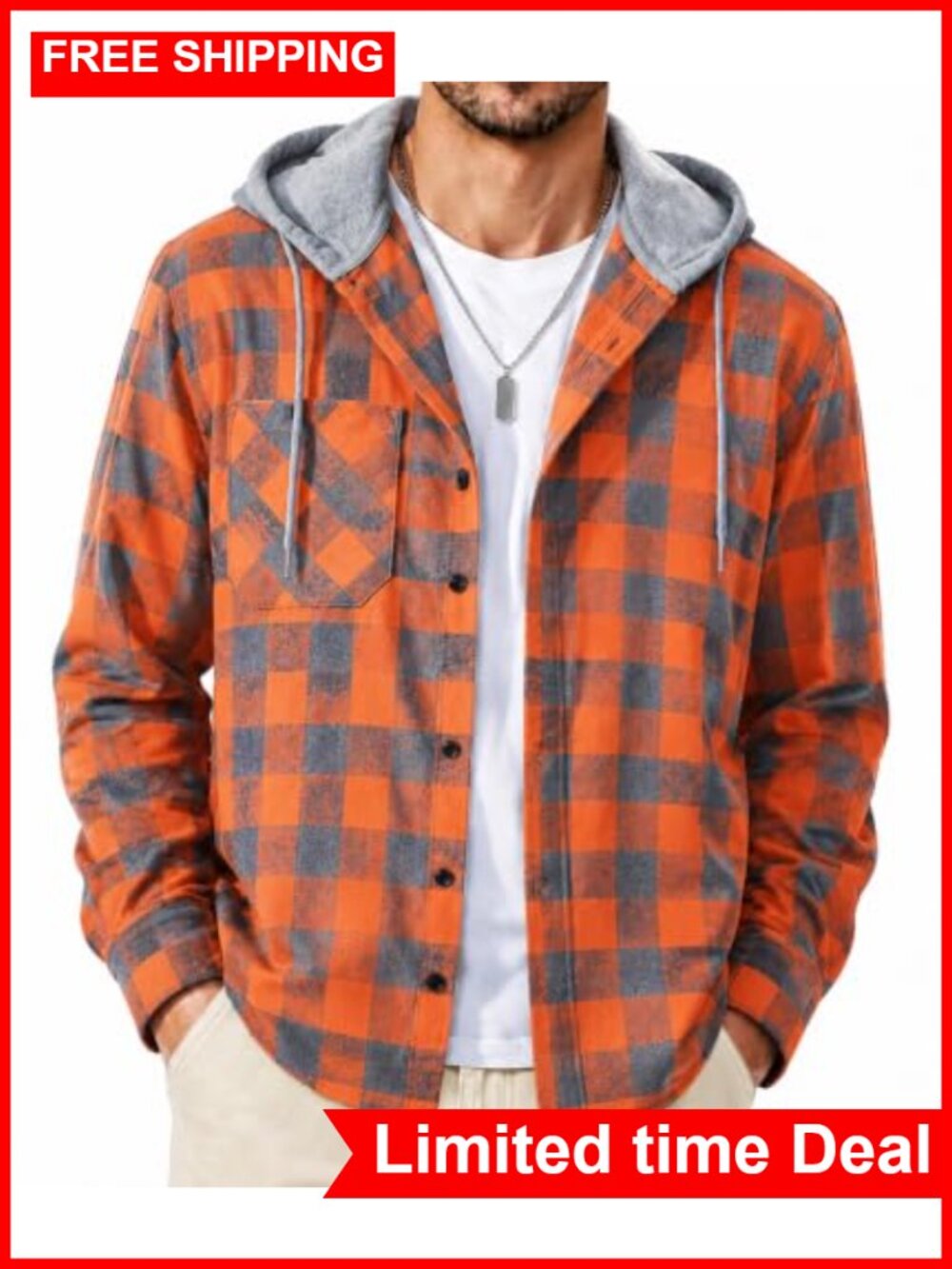 Men's Flannel Hoodie Shirt Casual Plaid Long Sleeve Button Down